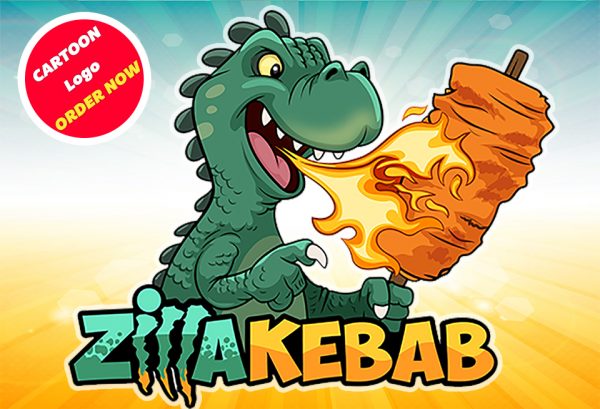 a custom cartoon mascot logo of a Godzilla breathing fire to kebab and cook it