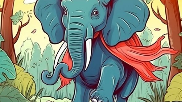 Arrogant superhero elephant in cartoon style