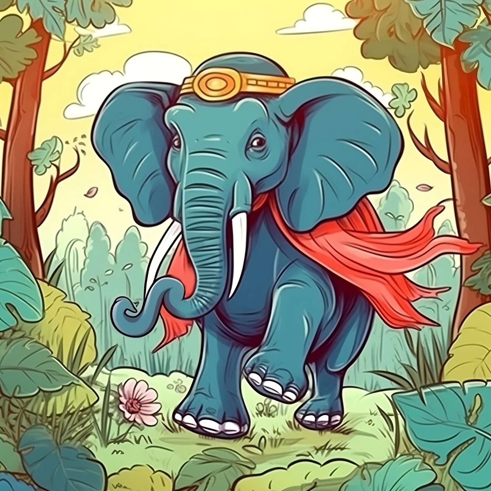 Arrogant superhero elephant in cartoon style