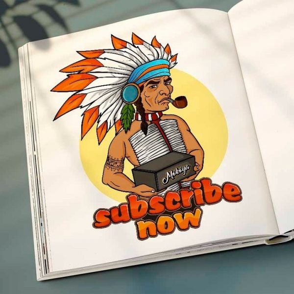 A cartoon stern American Indian Man with a headdress and a chestplate