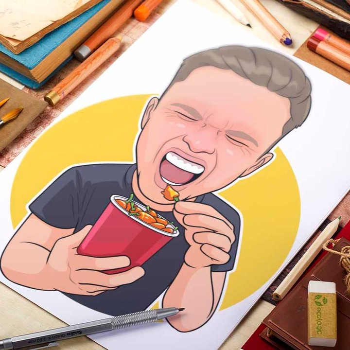 a custom cartoon portrait design of a man eating hot pepper