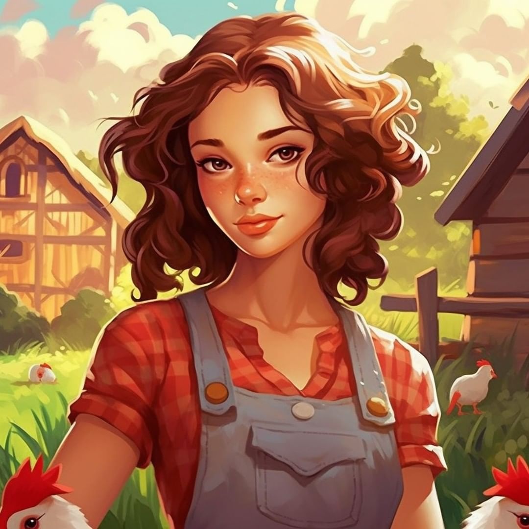 A cartoon gorgeous farmer girl with beautiful brown hair and in a charming outfit in the farm - character design