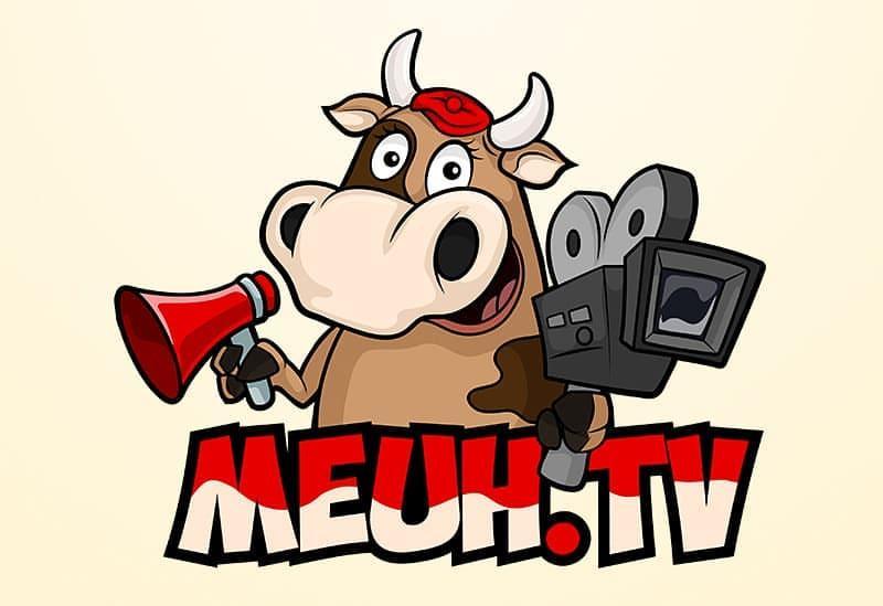 a cartoon mascot logo design of a cow with loudspeaker and video camera in hand