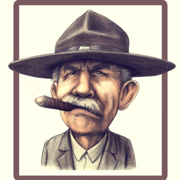 a scowling old gentleman with a Chapeau hat and a cigar - realistic style