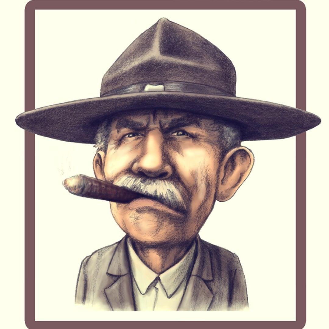 a character design of a scowling old gentleman with a Chapeau hat and a cigar - realistic style