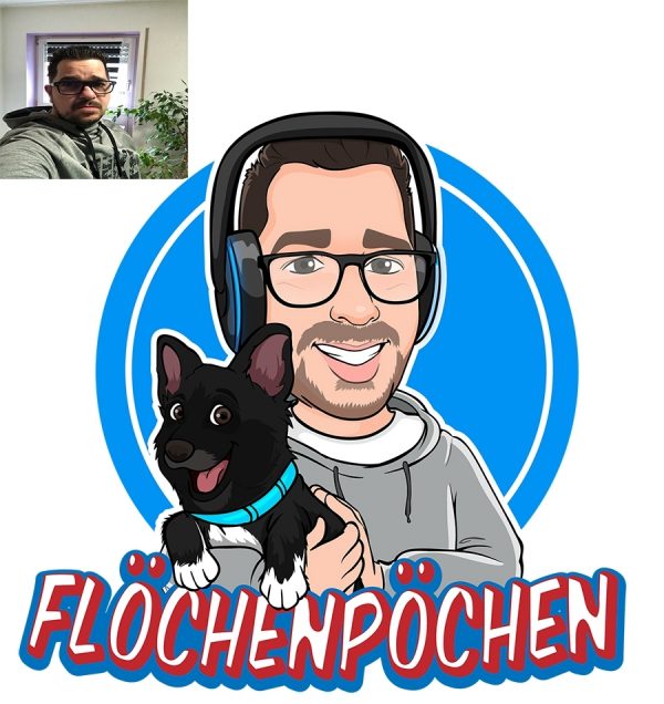 a custom cartoon portrait logo design of a male youtuber and his dog