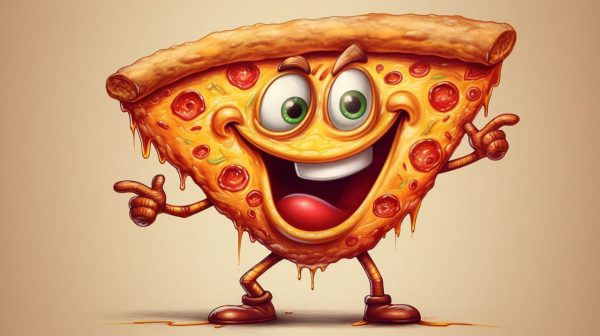 a custom design cartoon mascot of a naughty slice of pizza with a mischievous smile