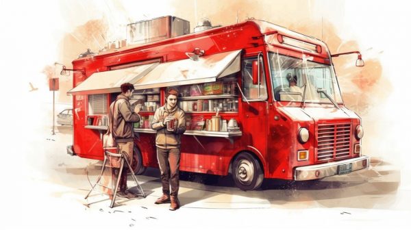 a digital illustration of a red food truck